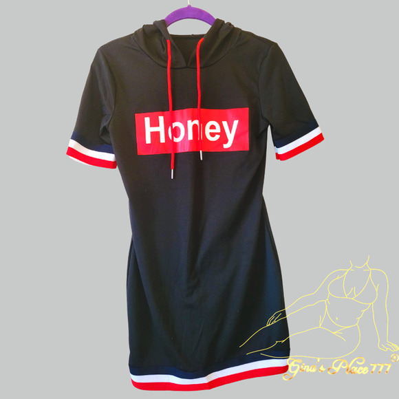 Juniors Y2k Honey Graphic Lettering Hoodie Short Sleeve Mini Dress Blk & Red Sm - Picture 2 of 9